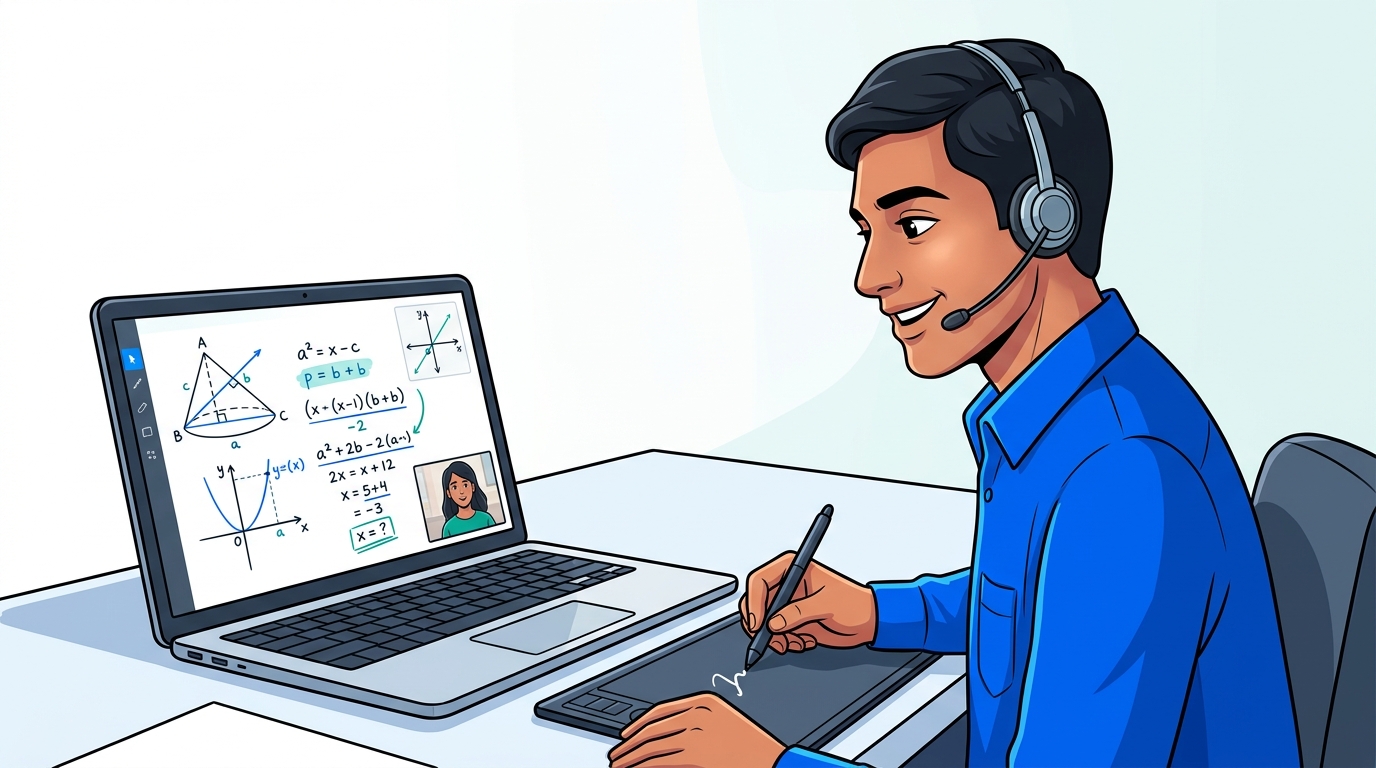 Editorial digital illustration of an online tutor conducting a 1-on-1 lesson using a graphic pen tablet and digital whiteboard