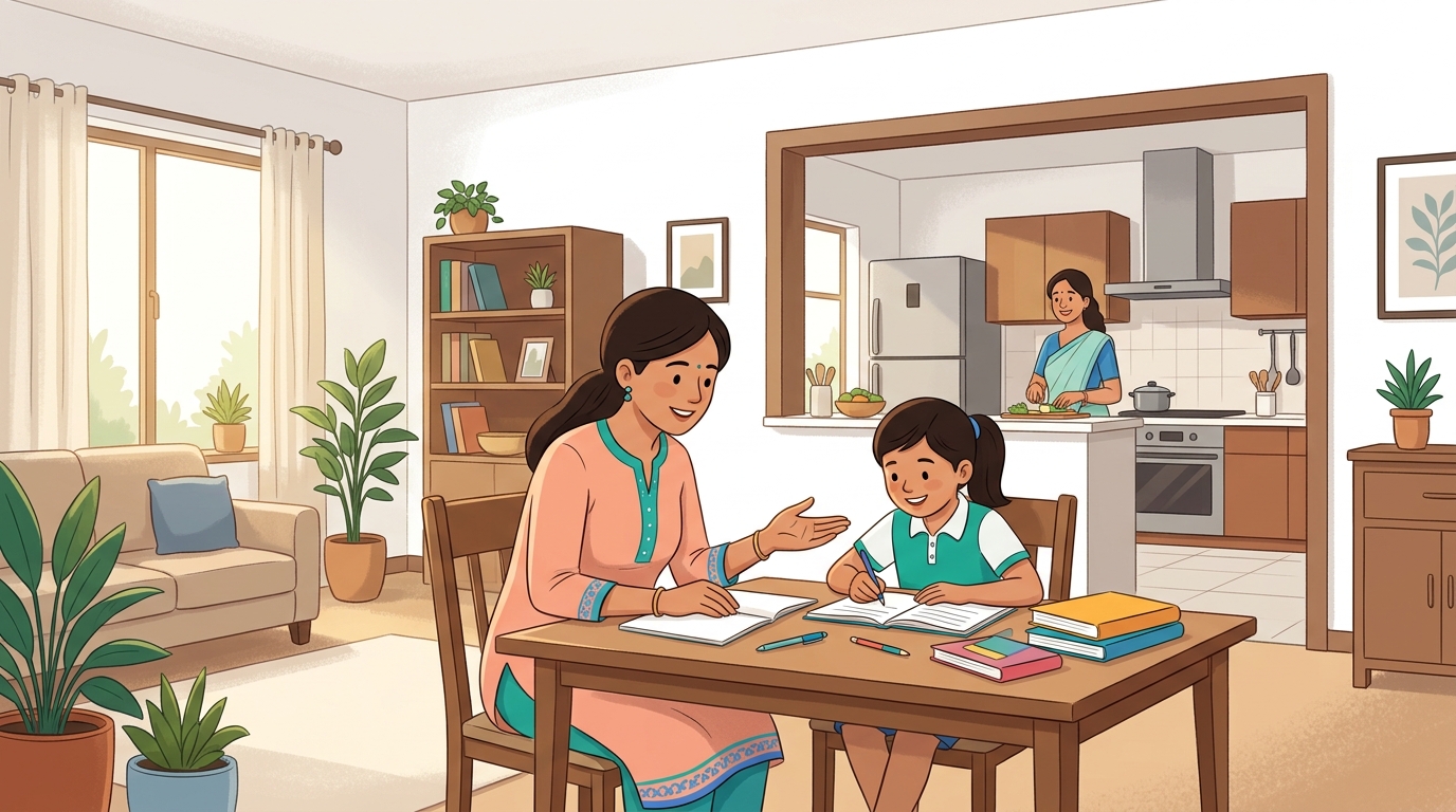 Safe and comfortable Indian home study setting with a verified female home tutor teaching a young girl