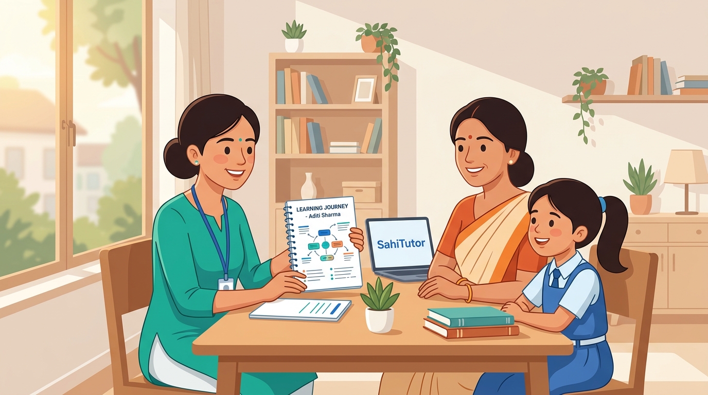 Indian mother and student meeting a friendly verified home tutor showing a structured learning journey