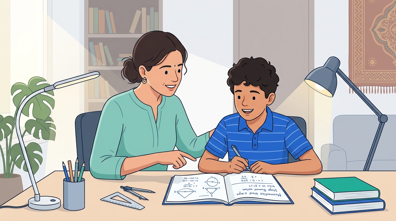 Empathetic Indian mathematics tutor gently guiding a smiling student through geometry and algebra problems