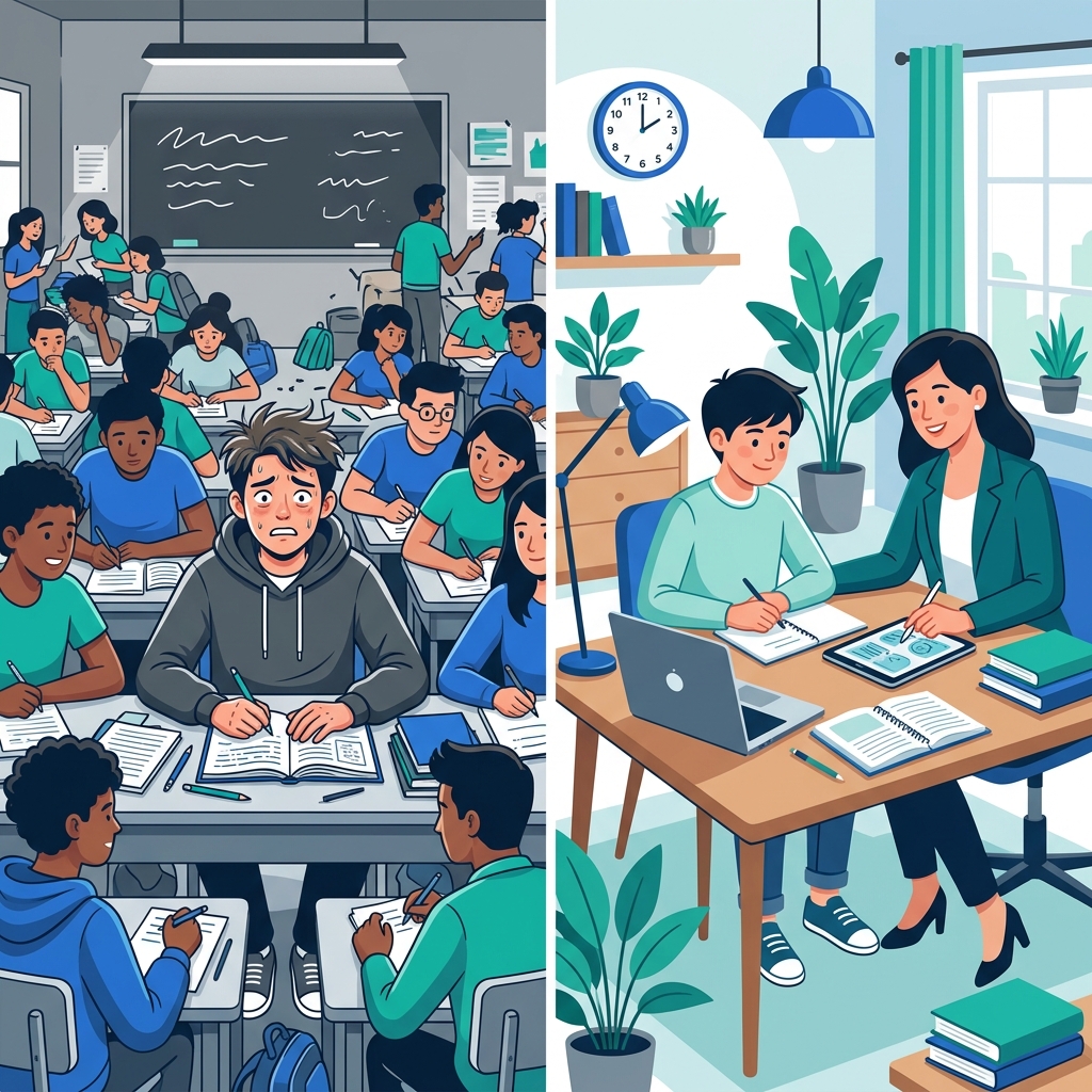 Illustration comparing batch coaching and 1-on-1 tutoring
