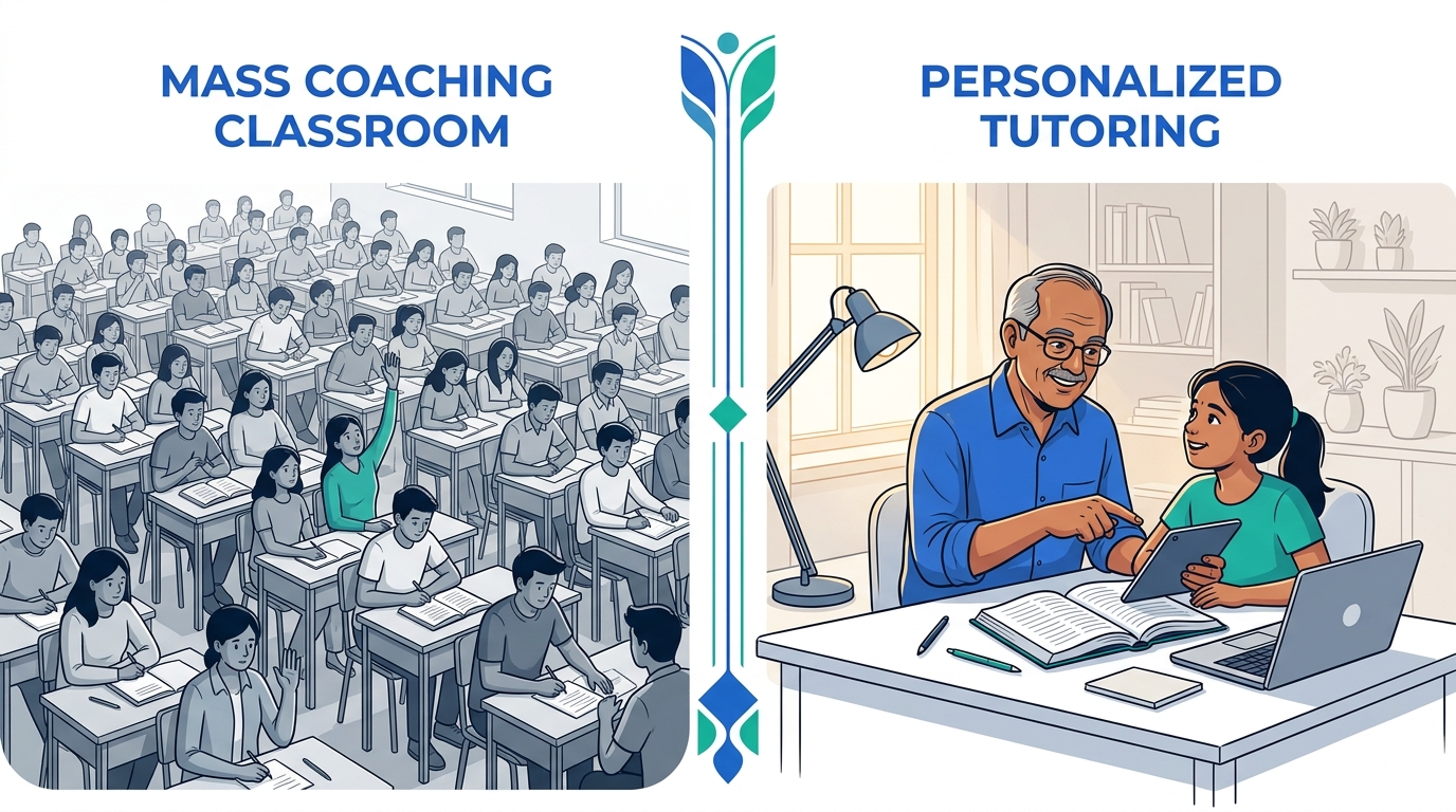 Visual contrast between a crowded mass coaching classroom and personalized 1-on-1 home tutoring